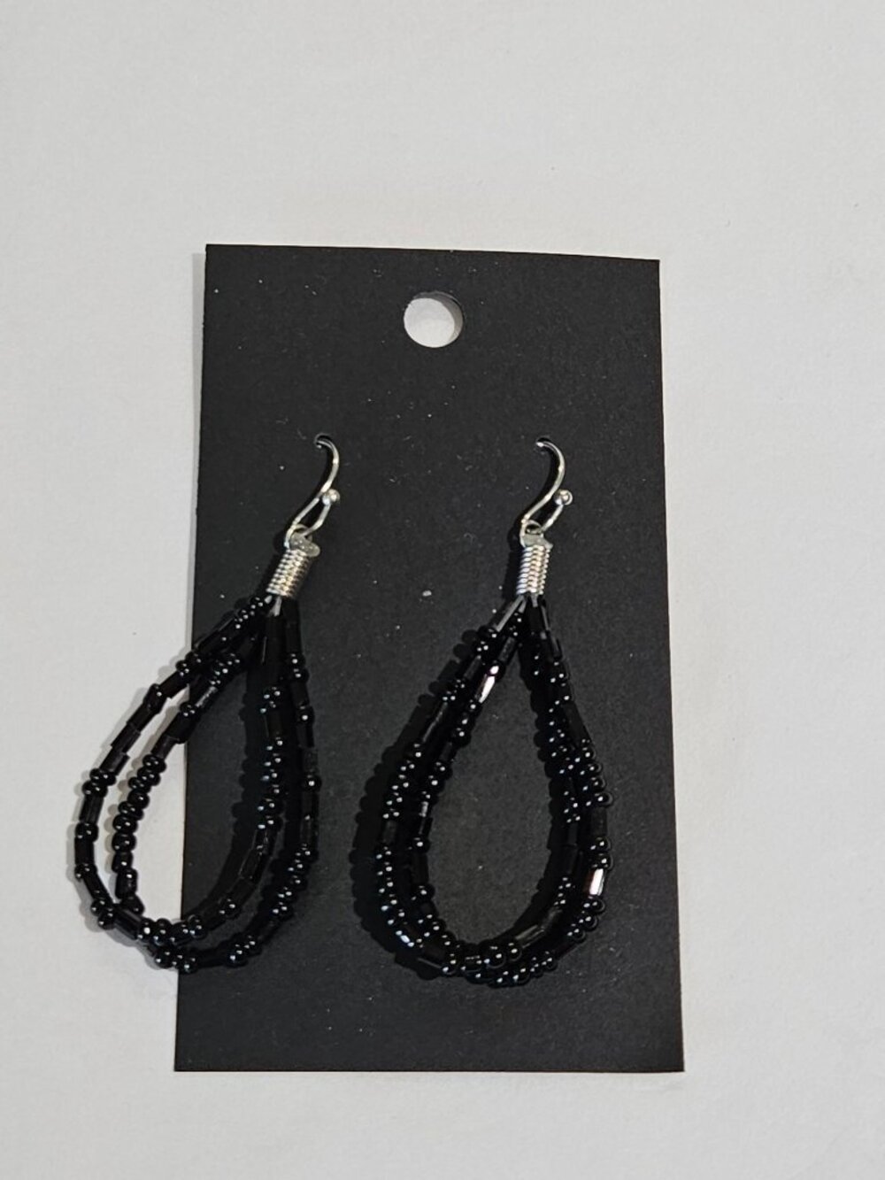 Double Teardrop Seed Bead Dangle Earrings Black Silvertone 1.75 inches
